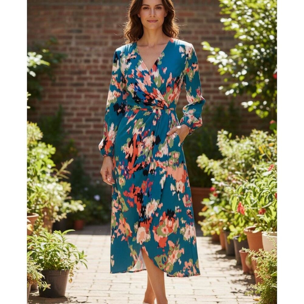 SHEIN Curve XL Teal Floral Flowy Dress Long Sleeve Boho Cottagecore High Low
